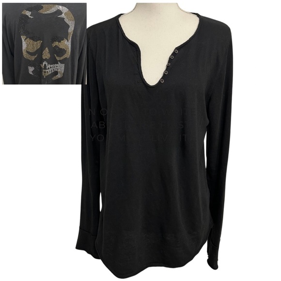 Zadig & Voltaire Tops - Zadig and Voltaire Tunisien Skull Henley Cotton Top Large Black Designer Grunge